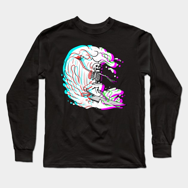 Surfing Skeleton Funny Beach Surfer Vaporwave Surf Long Sleeve T-Shirt by Alex21